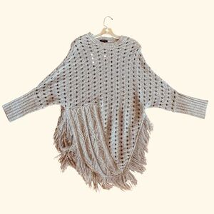 TCEC Gray Fringed Poncho Open Weave Pattern Sweater with Sleeves Size Large